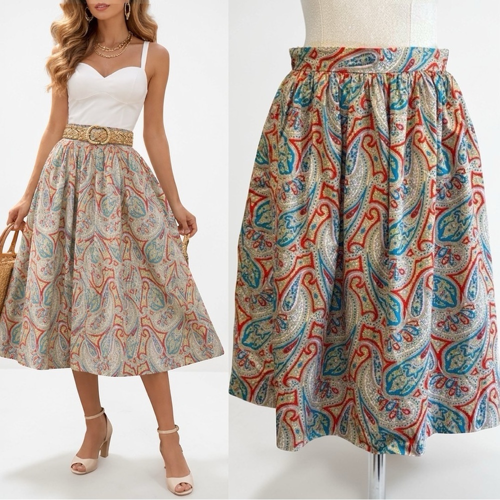 Ralph Lauren | NWOT Vintage 80s HongKong Cotton Paisley Pleated Midi Skirt (6)